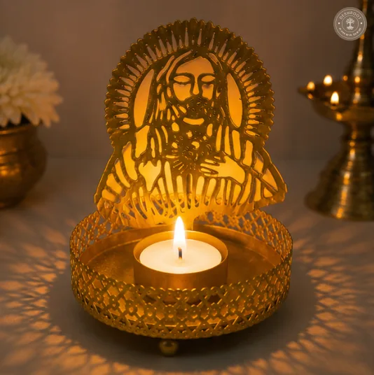 Golden Metal Jesus Shadow Diya Tea Light Candle Holders – Set of 2 with 2 Wax Candles