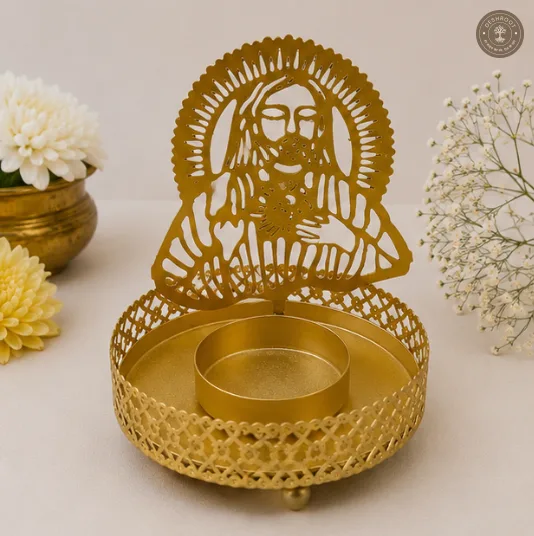 Golden Metal Jesus Shadow Diya Tea Light Candle Holders – Set of 2 with 2 Wax Candles