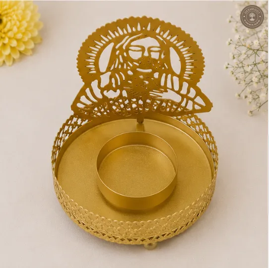 Golden Metal Jesus Shadow Diya Tea Light Candle Holders – Set of 2 with 2 Wax Candles