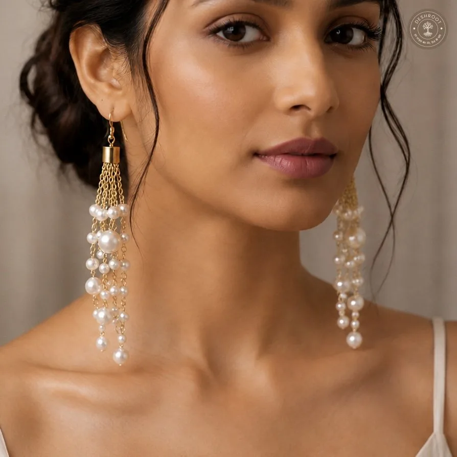 Pearl Cascade Gold Tassel Earrings