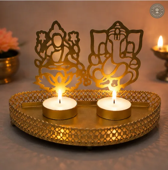 Golden Metal Lakshmi Ganesh Ji Dual Tea Light Candle Holder with 2 Free Wax Candles