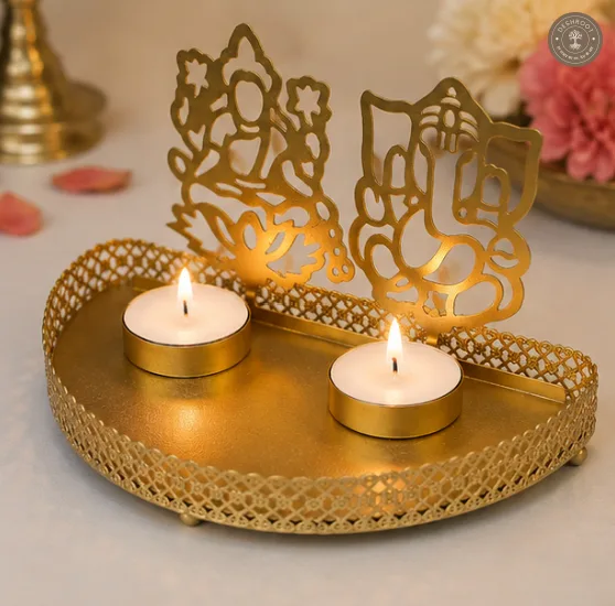 Golden Metal Lakshmi Ganesh Ji Dual Tea Light Candle Holder with 2 Free Wax Candles