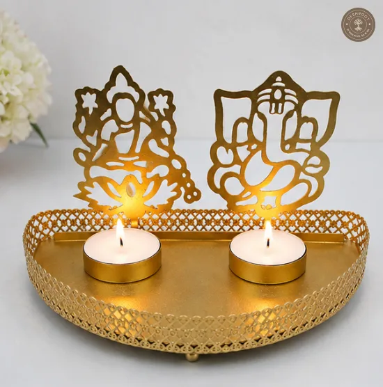 Golden Metal Lakshmi Ganesh Ji Dual Tea Light Candle Holder with 2 Free Wax Candles