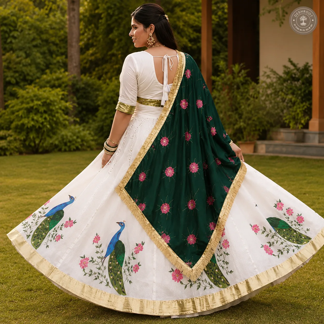 Handcrafted White Floral Peacock Print Lehenga with Green Dupatta