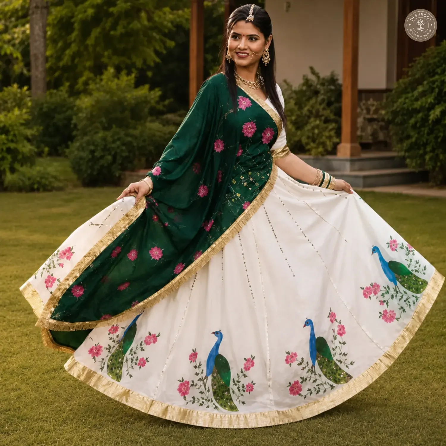 Handcrafted White Floral Peacock Print Lehenga with Green Dupatta
