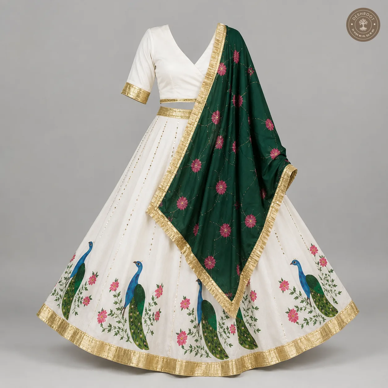 Handcrafted White Floral Peacock Print Lehenga with Green Dupatta