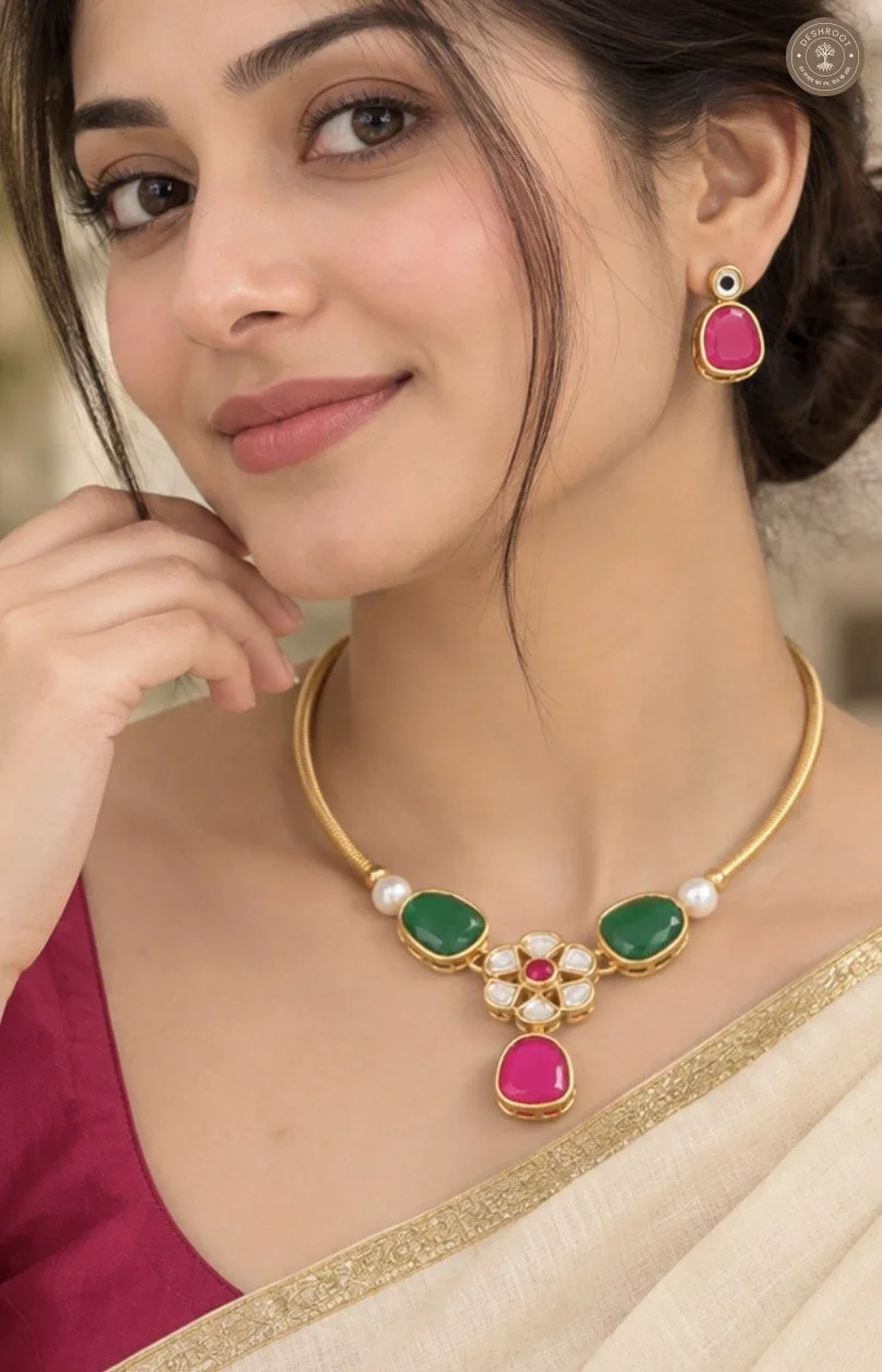 Emerald & Ruby Kundan-Inspired Necklace Set