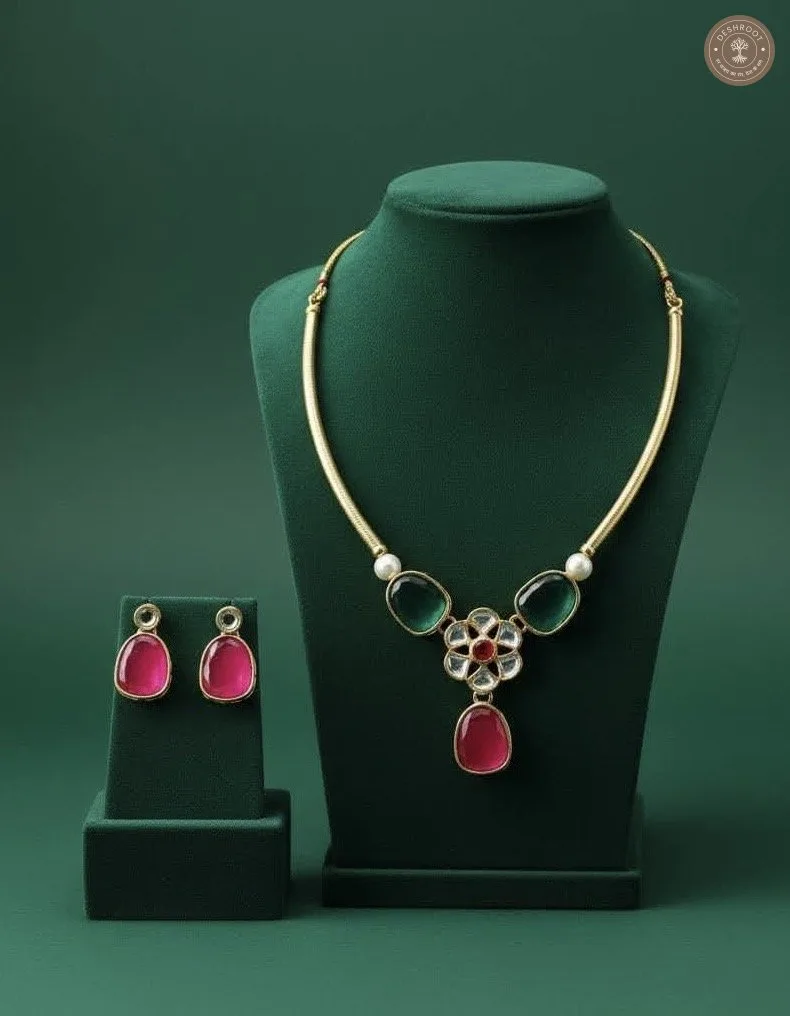 Emerald & Ruby Kundan-Inspired Necklace Set