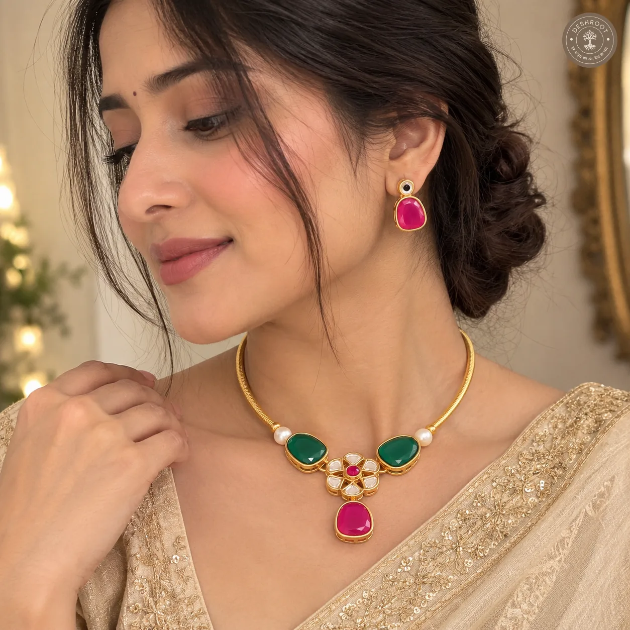 Emerald & Ruby Kundan-Inspired Necklace Set