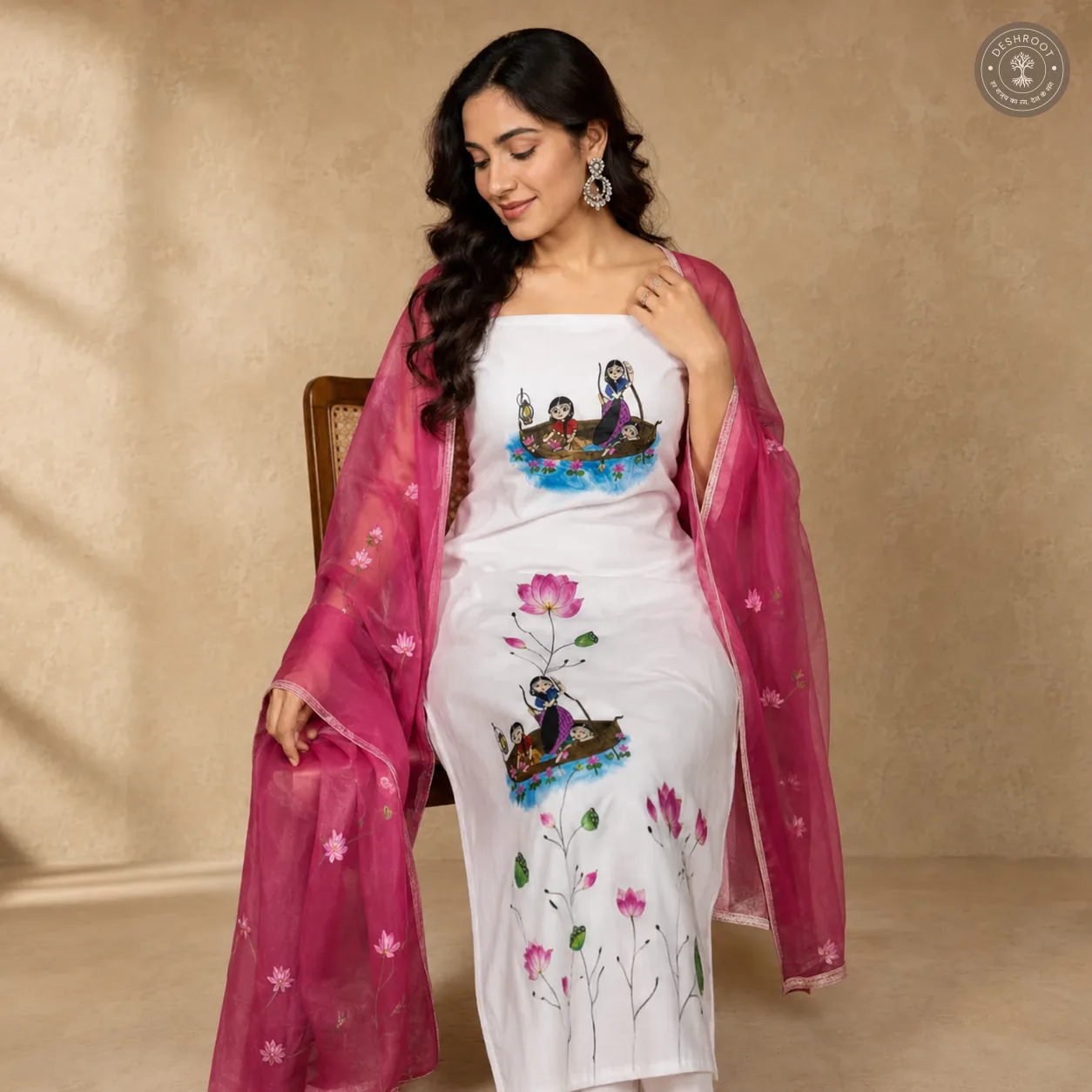 Handcrafted White Cotton Kurta Set with Pink Floral & Folk Art Print and Dupatta