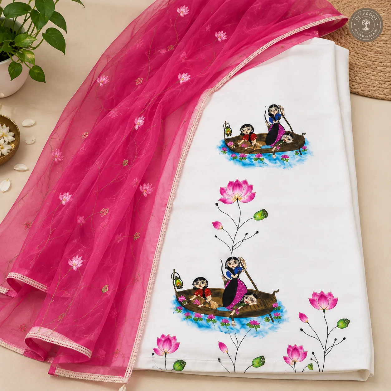 Handcrafted White Cotton Kurta Set with Pink Floral & Folk Art Print and Dupatta