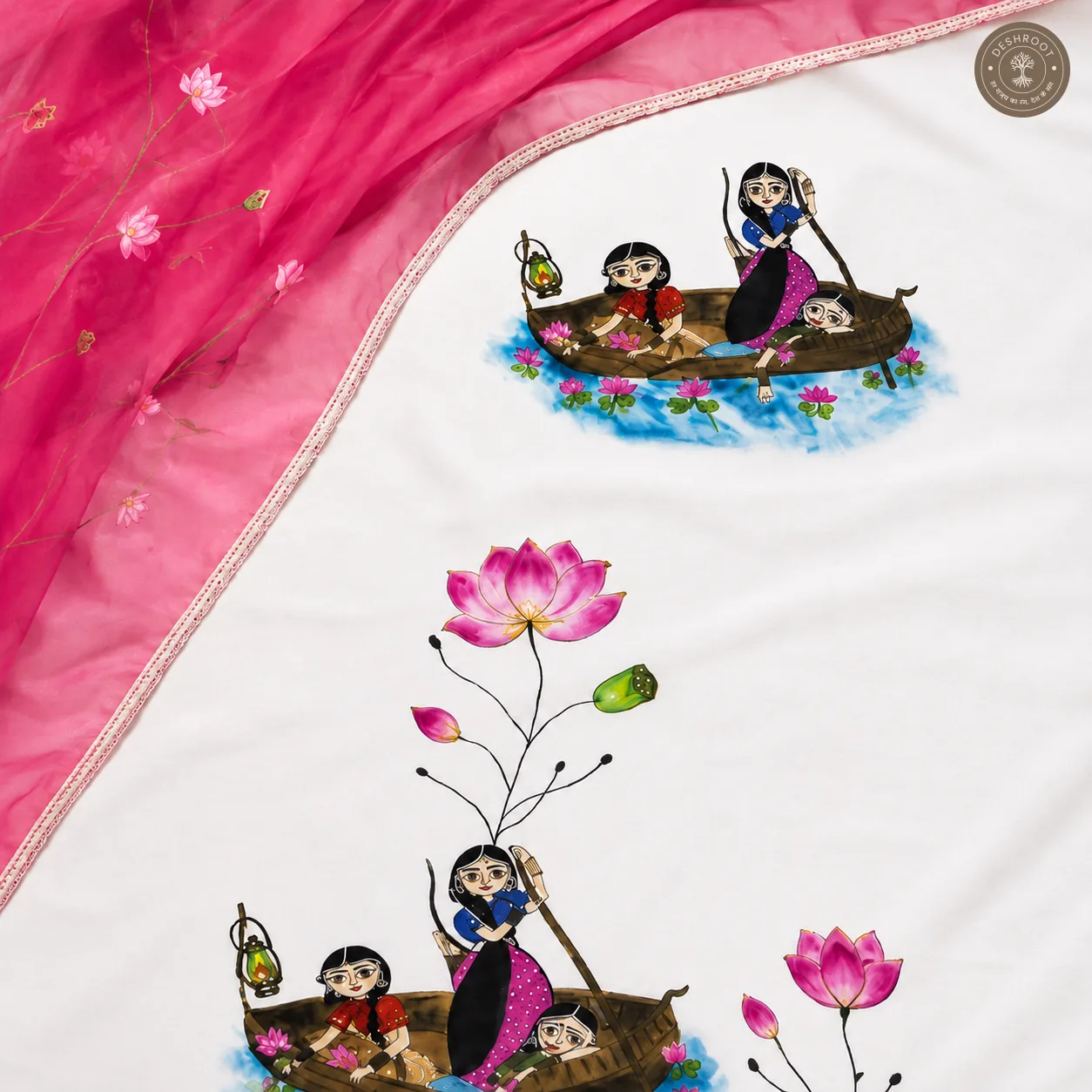 Handcrafted White Cotton Kurta Set with Pink Floral & Folk Art Print and Dupatta