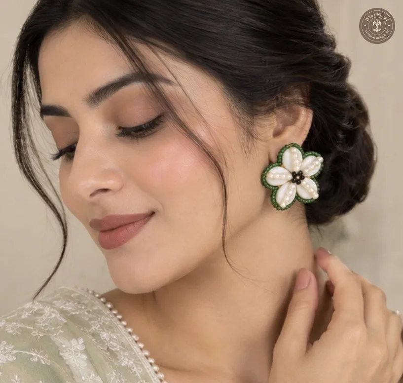 Emerald Pearl Floral Kundan Earrings