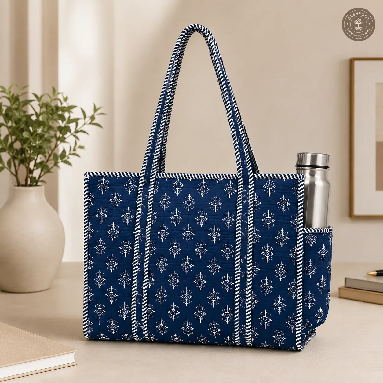Handcrafted Quilted Cotton Tote Bag with Bottle Pocket