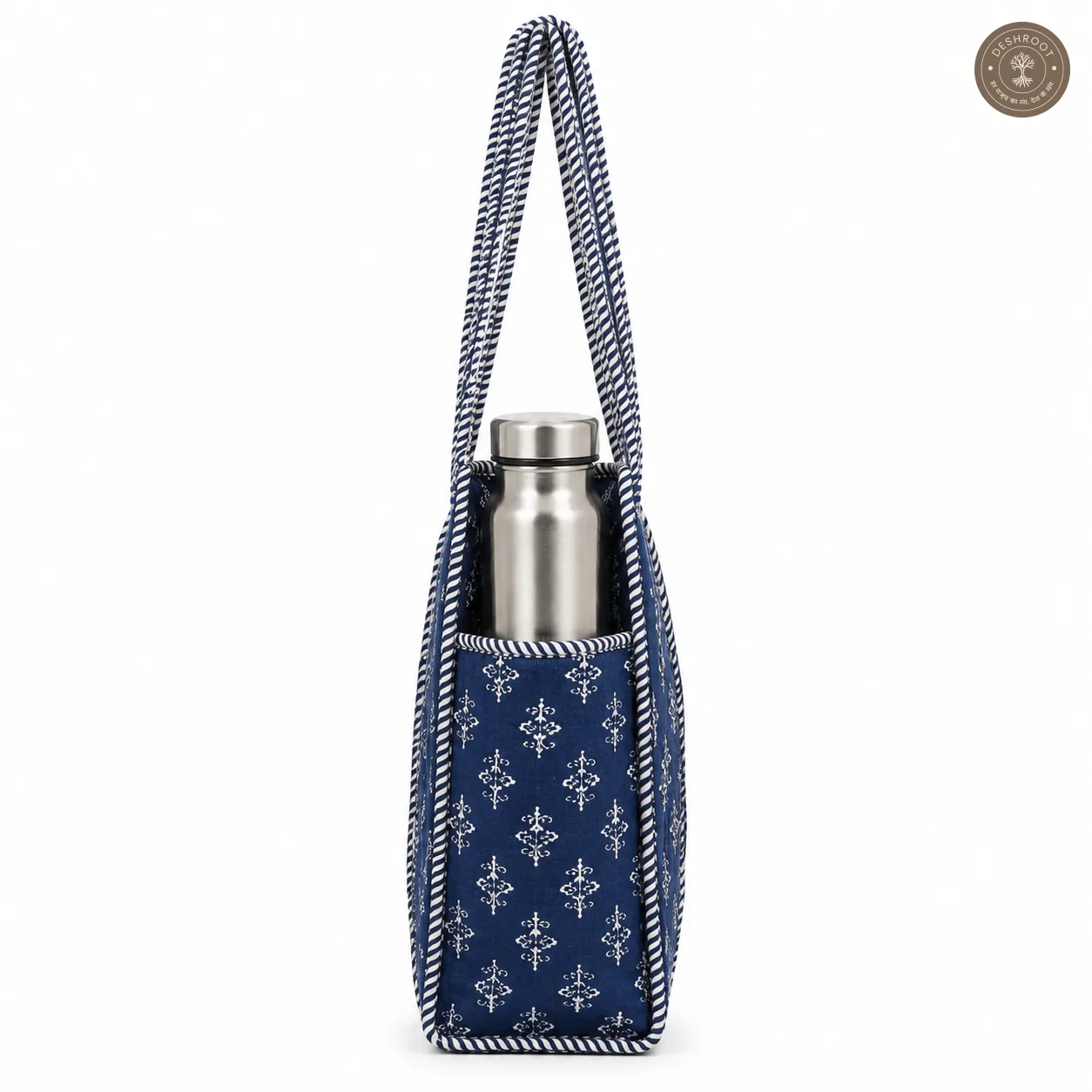 Handcrafted Quilted Cotton Tote Bag with Bottle Pocket