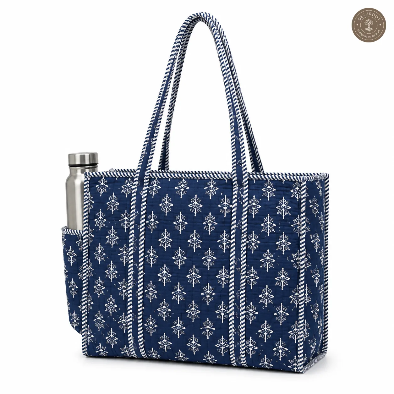 Handcrafted Quilted Cotton Tote Bag with Bottle Pocket