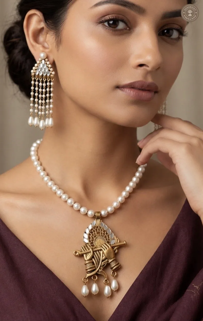 krishna pendant and long earrings set