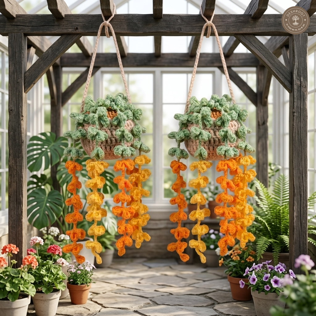 Handmade Crochet Hanging Flower Pot Combo Pack of 2 - Decorative Knitted Hanging Basket with Cascading Orange & Yellow Vines