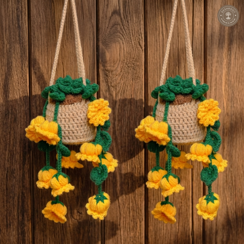 Handmade Crochet Sunflower Hanging Flower Pot Combo Pack of 2 - Decorative Knitted Hanging Basket with Cascading Sunflowers