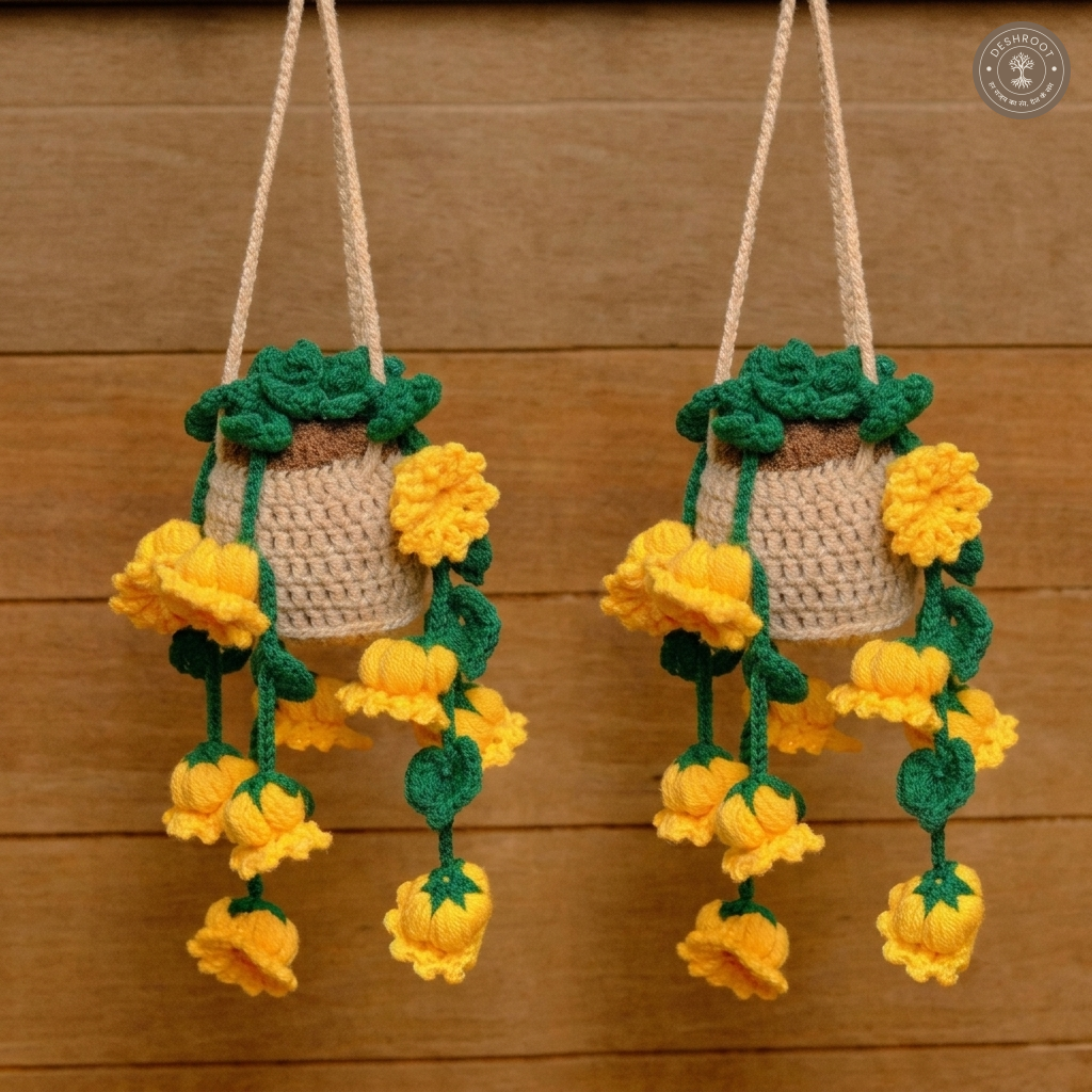 Handmade Crochet Sunflower Hanging Flower Pot Combo Pack of 2 - Decorative Knitted Hanging Basket with Cascading Sunflowers
