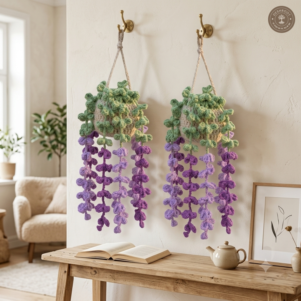 Handmade Crochet Trailing Wisteria Hanging Flower Pot Combo Pack of 2 - Decorative Knitted Hanging Basket with Cascading Purple Flowers