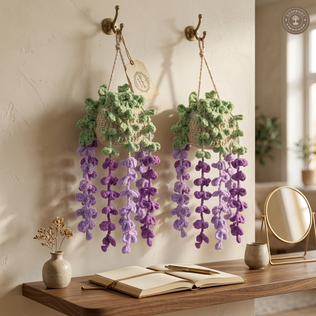 Handmade Crochet Trailing Wisteria Hanging Flower Pot Combo Pack of 2 - Decorative Knitted Hanging Basket with Cascading Purple Flowers