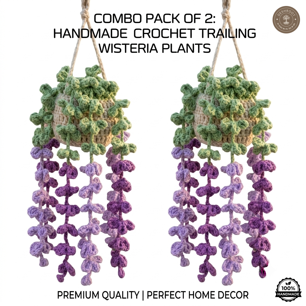 Handmade Crochet Trailing Wisteria Hanging Flower Pot Combo Pack of 2 - Decorative Knitted Hanging Basket with Cascading Purple Flowers