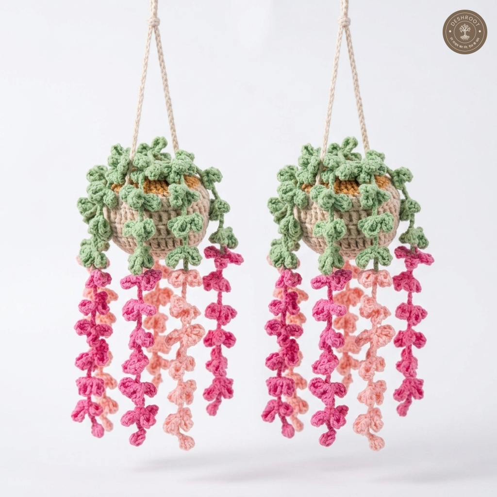 Pack of 2 Handmade Crochet Hanging Plant Pot - Cascading Dark Pink & Baby Pink Flower Wall Hanging Basket for Home Decoration & Gifting