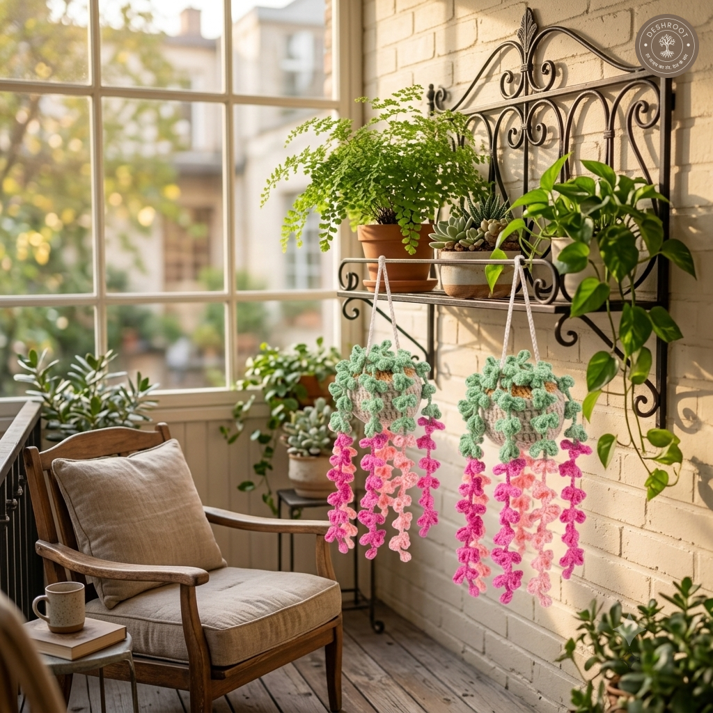 Pack of 2 Handmade Crochet Hanging Plant Pot - Cascading Dark Pink & Baby Pink Flower Wall Hanging Basket for Home Decoration & Gifting