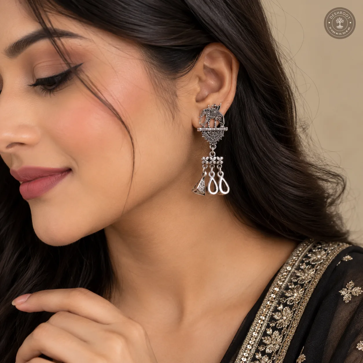 Oxidized Silver Elephant Dangle Earrings