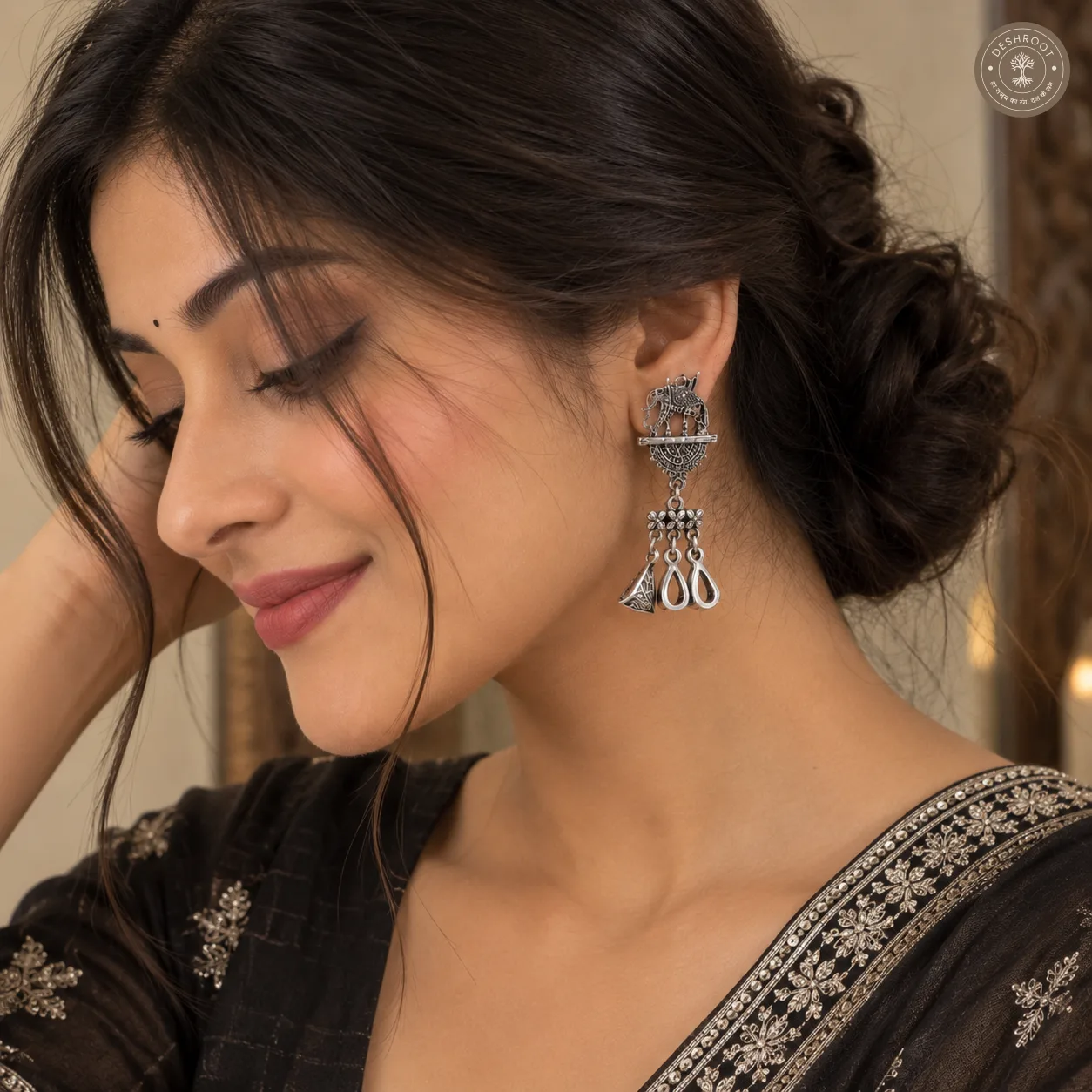 Oxidized Silver Elephant Dangle Earrings