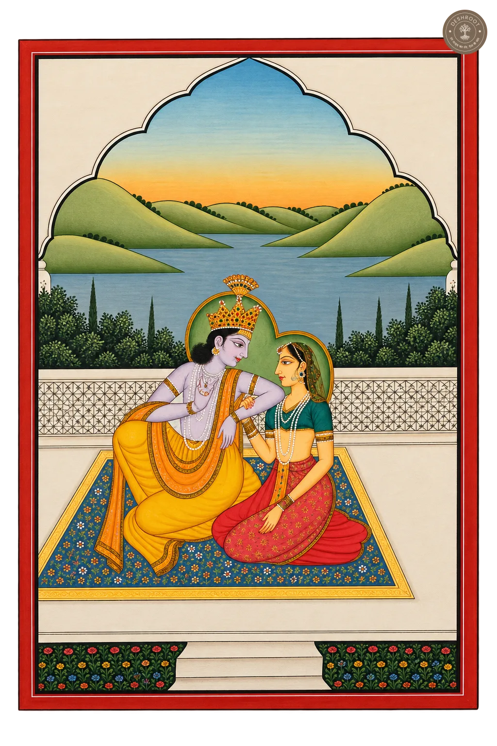 Kangra Miniature Painting – Radha Krishna by the Riverside