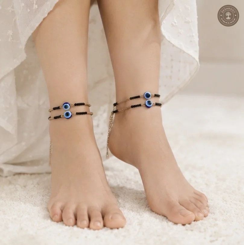 Evil Eye Black Bead Double-Layer Anklet (Pair)