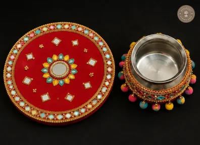 Handcrafted Designer Karwa Chauth Pooja Thali & Kalash Set with Mirror Work and Pom-Pom Tassels