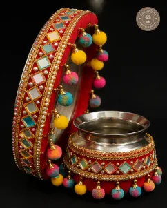 Handcrafted Designer Karwa Chauth Pooja Thali & Kalash Set with Mirror Work and Pom-Pom Tassels