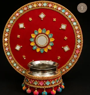 Handcrafted Designer Karwa Chauth Pooja Thali & Kalash Set with Mirror Work and Pom-Pom Tassels