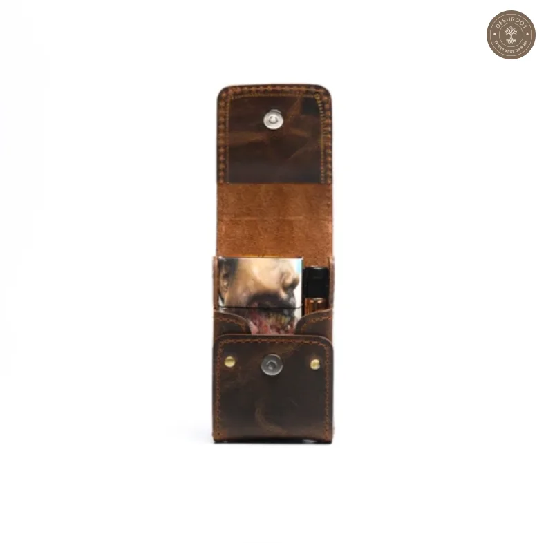 Sobo classic - Leather Cigarette Case With Lighter Pocket Dark Brown