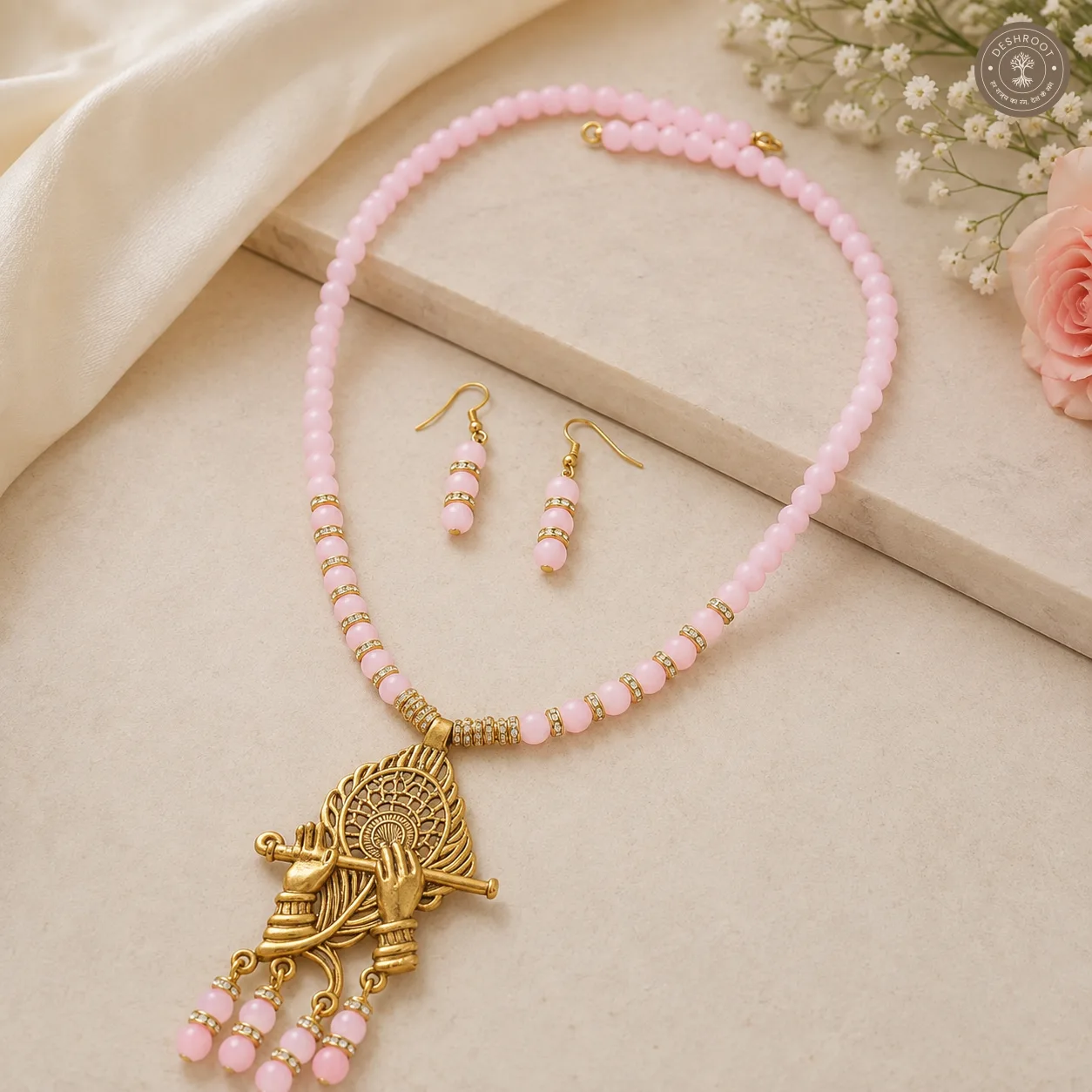 Pearl Krishna Flute Crystal Bead Necklace & Earring Set