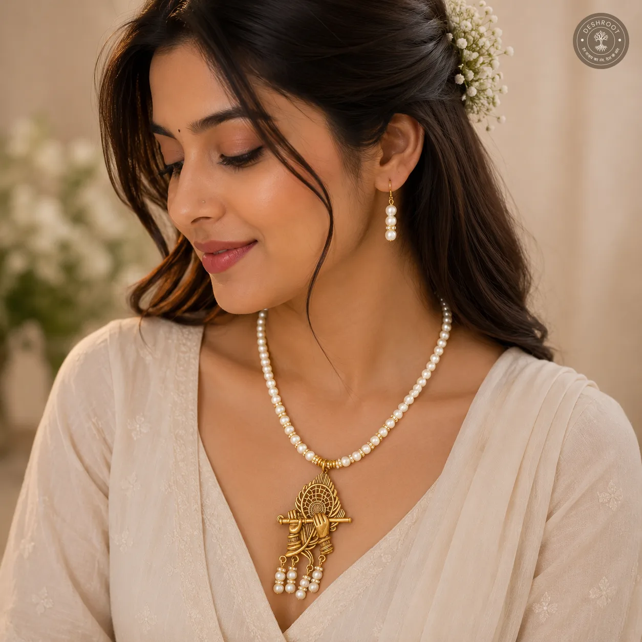 Pearl Krishna Flute Crystal Bead Necklace & Earring Set