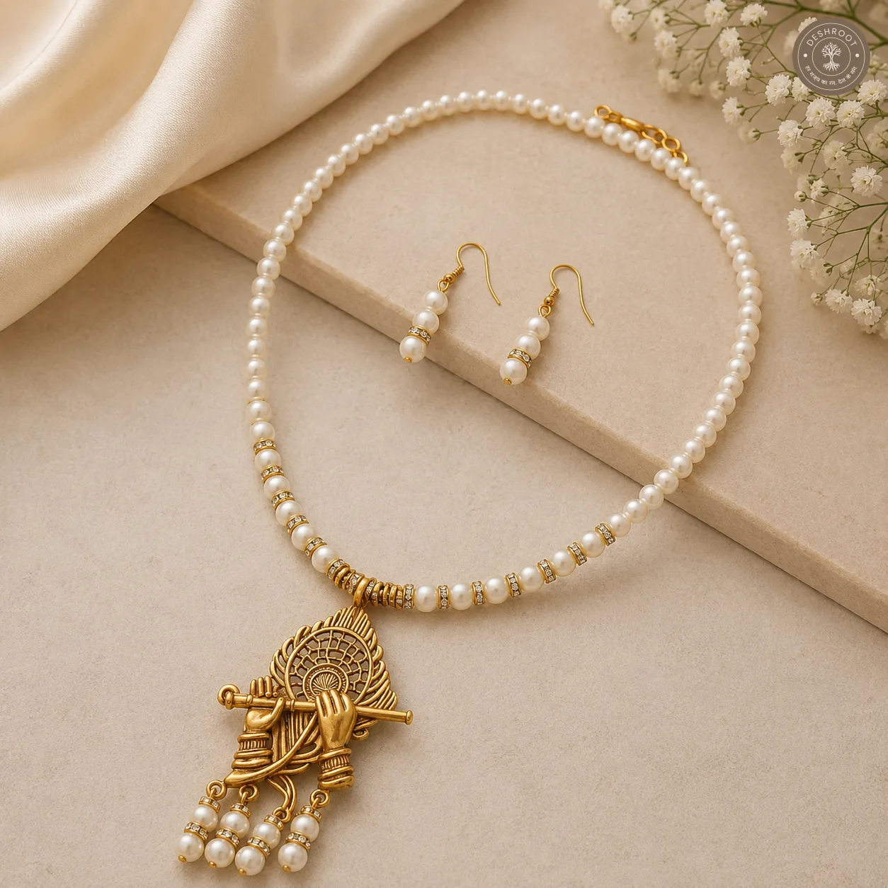 Pearl Krishna Flute Crystal Bead Necklace & Earring Set
