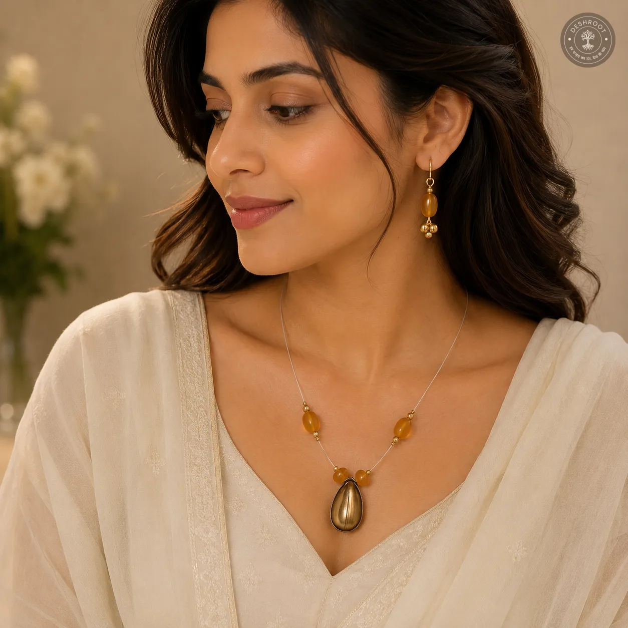 Amber Glow Beaded Necklace & Earring Set