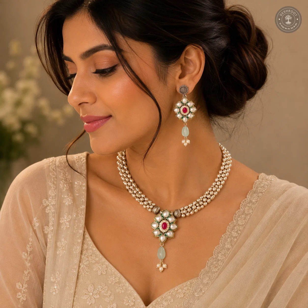 Elegant Floral Pearl Choker Set with Stone Pendant