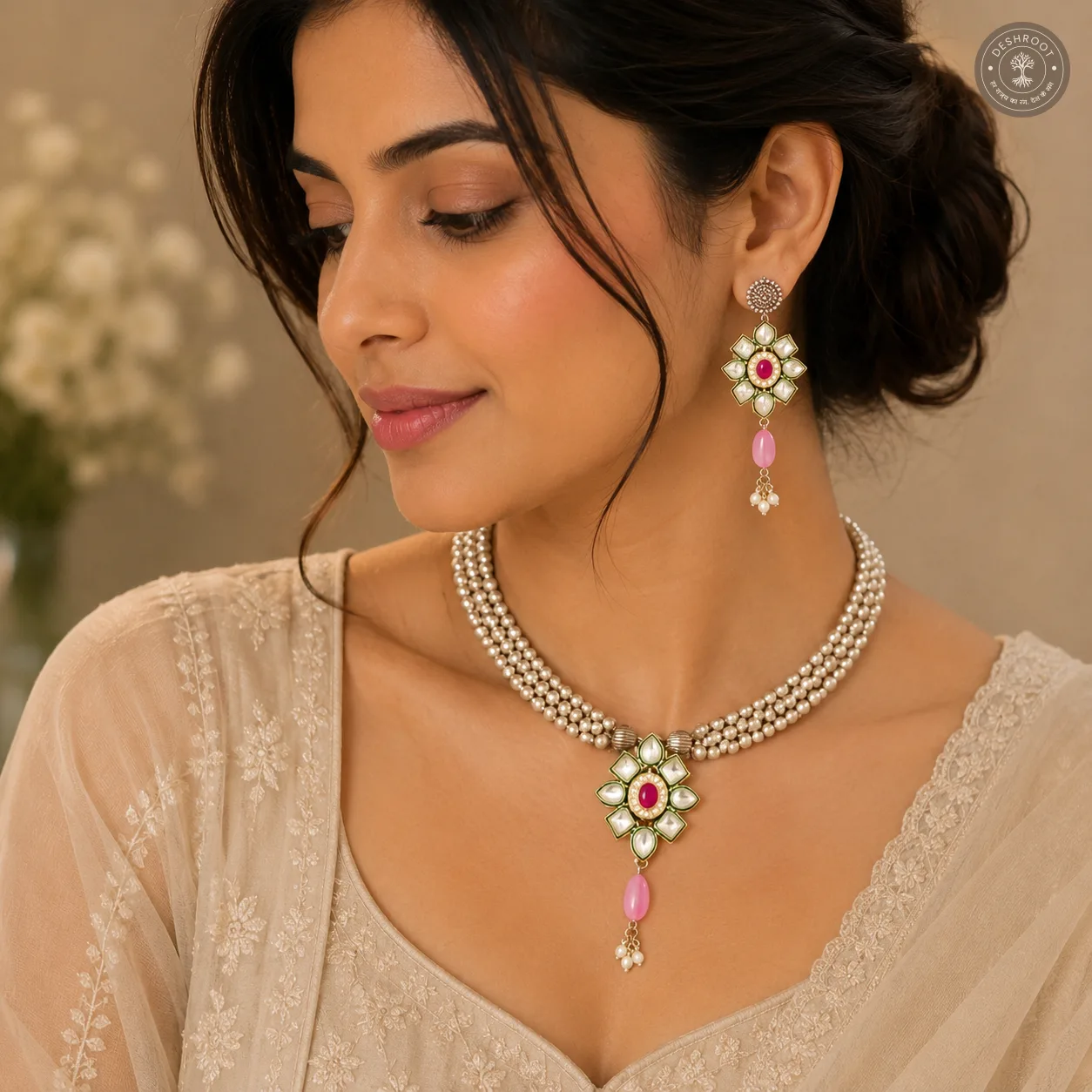 Elegant Floral Pearl Choker Set with Stone Pendant