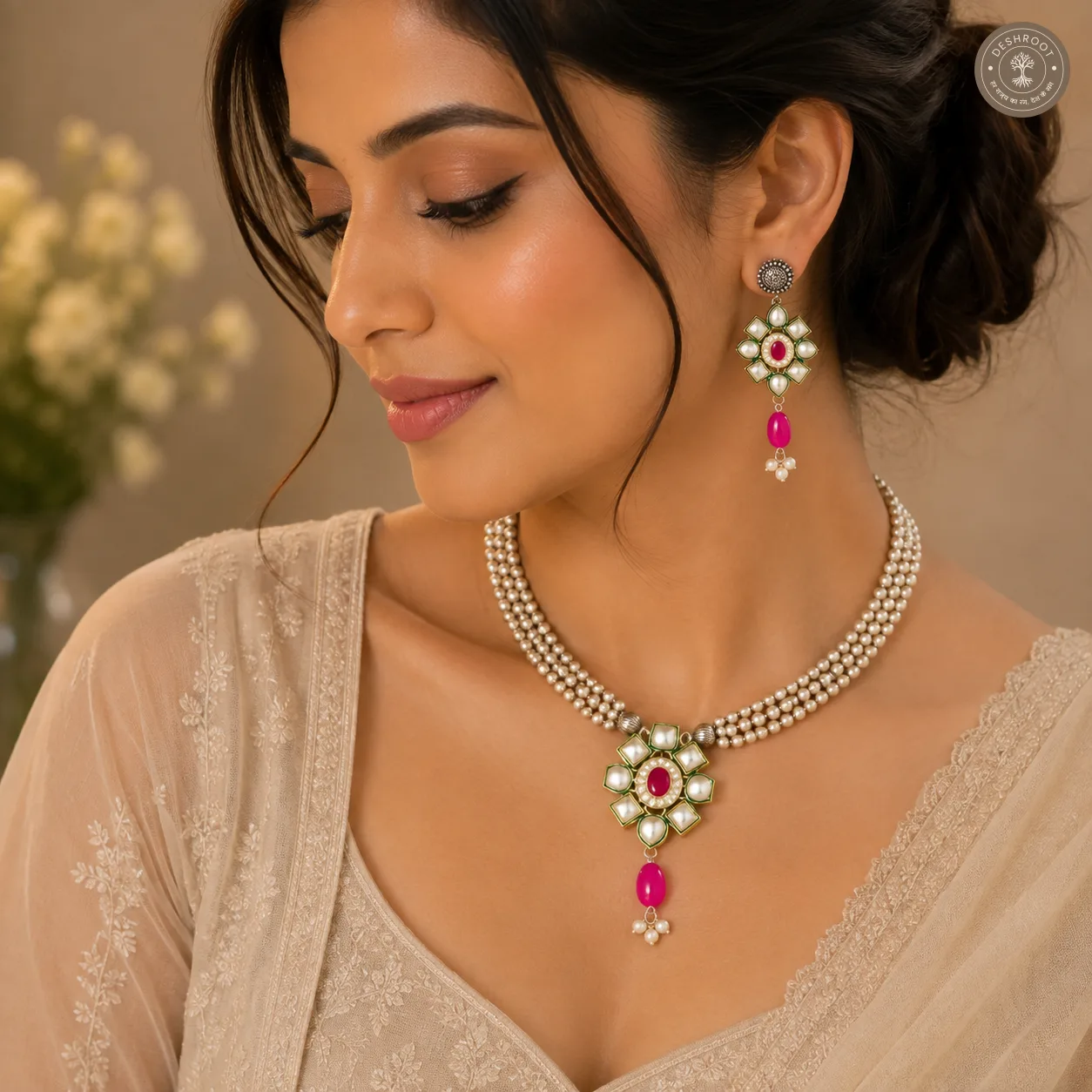 Elegant Floral Pearl Choker Set with Stone Pendant
