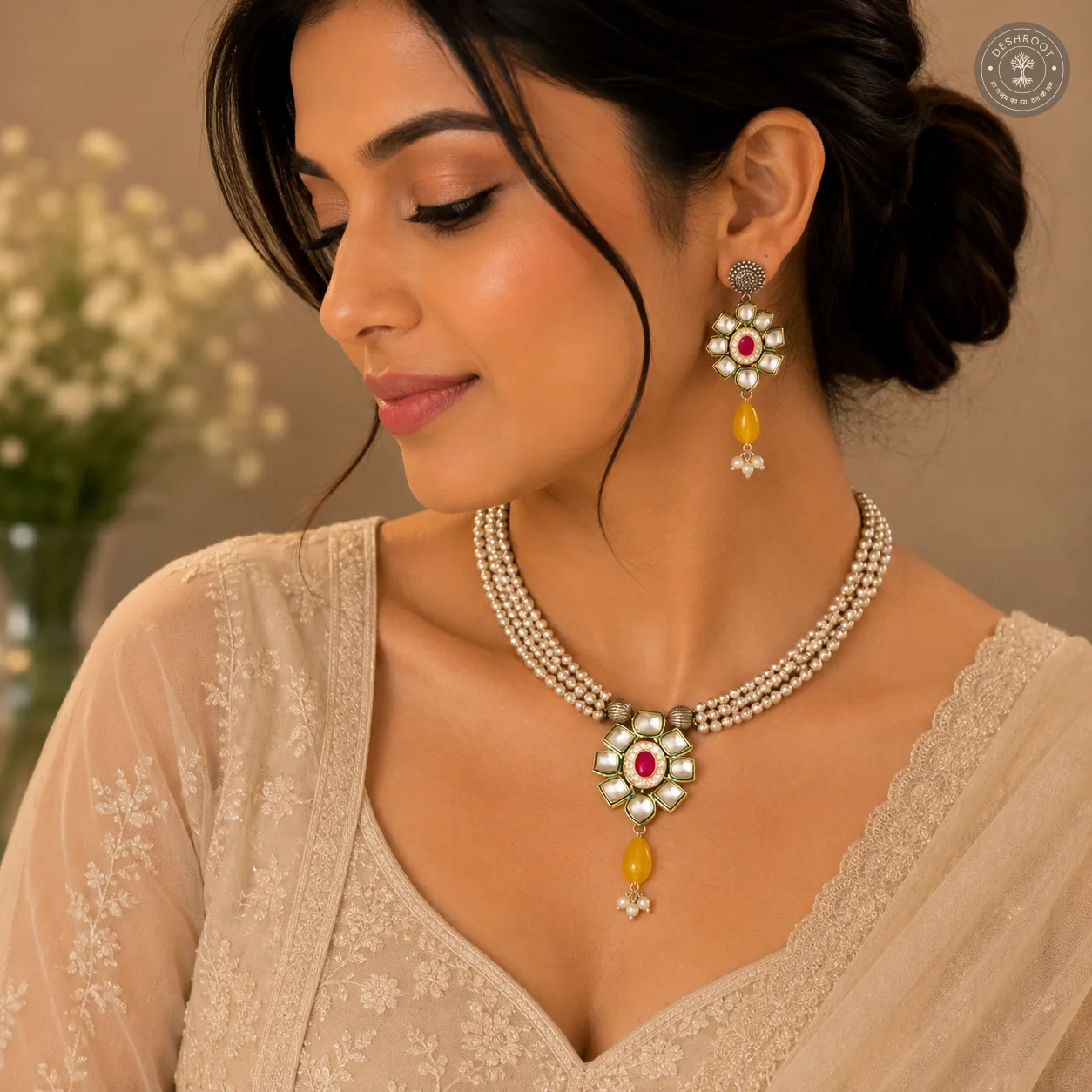 Elegant Floral Pearl Choker Set with Stone Pendant