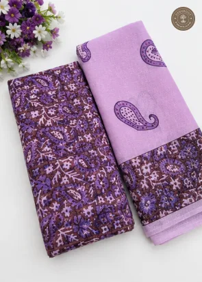 Purple Paisley Print Unstitched Cotton Suit Set with Matching Dupatta