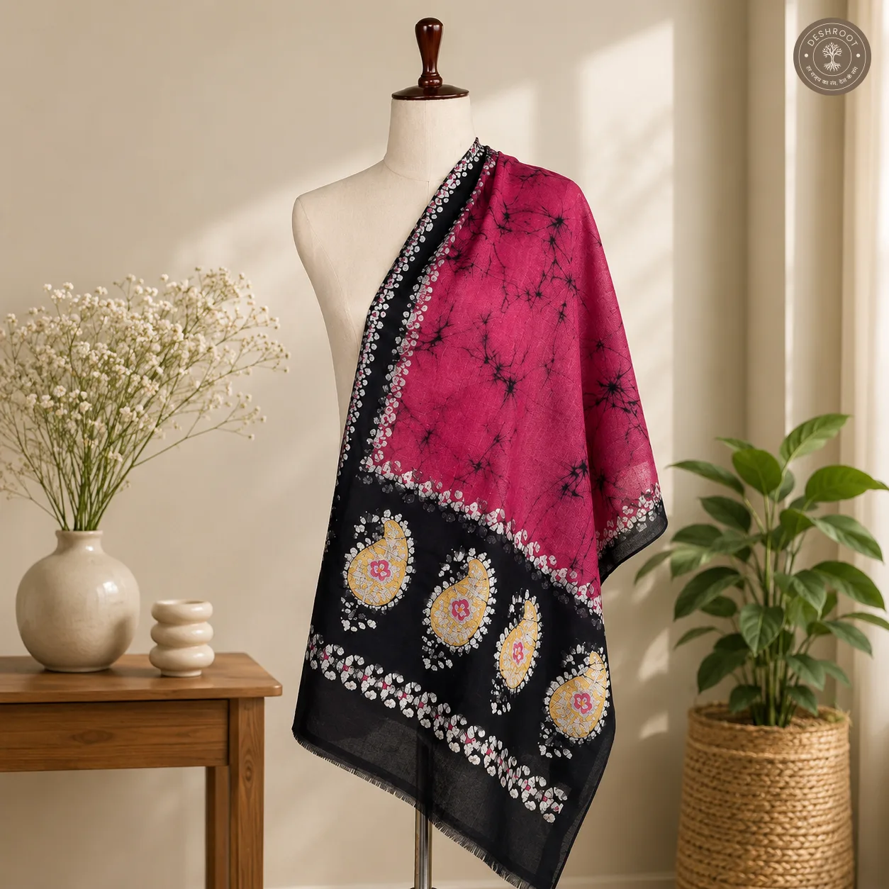 Magenta & Black Designer Magenta Hand-Dyed Stole