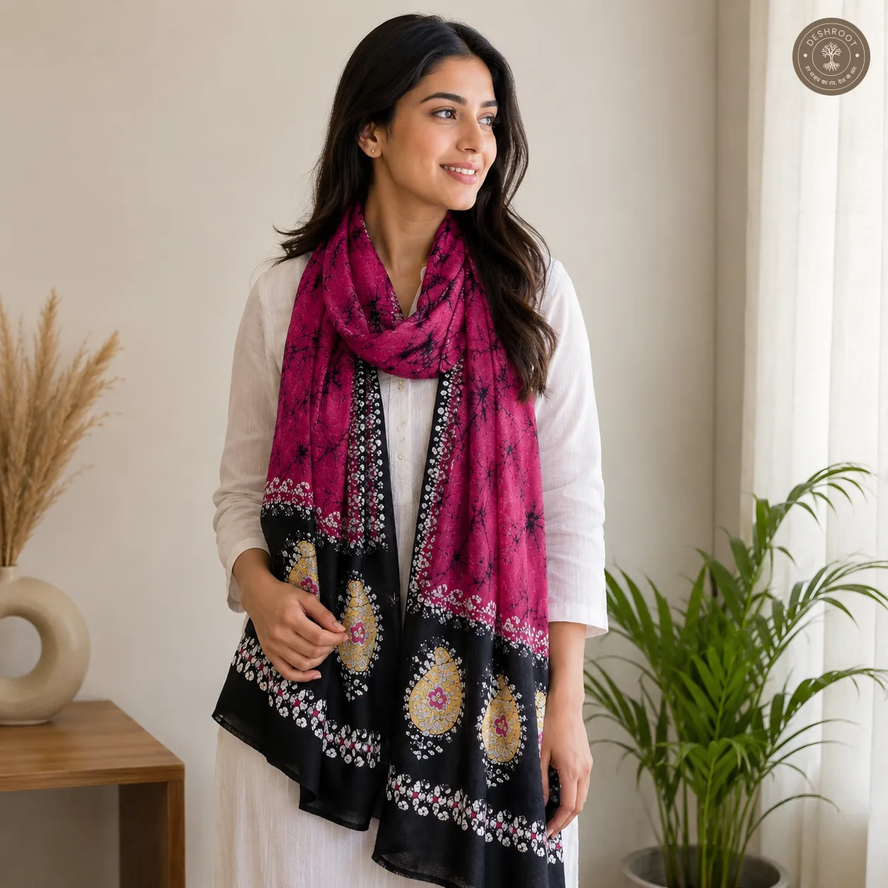 Magenta & Black Designer Magenta Hand-Dyed Stole