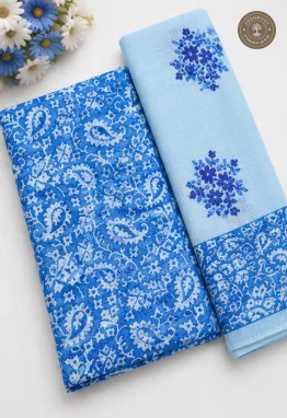 Sky Blue Paisley Print Unstitched Cotton Suit Set with Matching Dupatta (2 Piece set)
