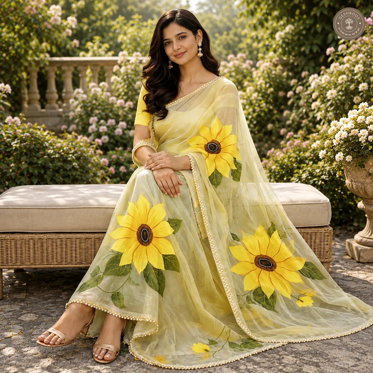 Pastel Yellow Sheer Saree with Handcrafted Sunflower Floral Print